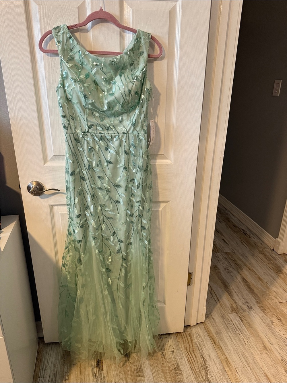 Elegant Mint Green Maxi Dress with Leaf Embroidery